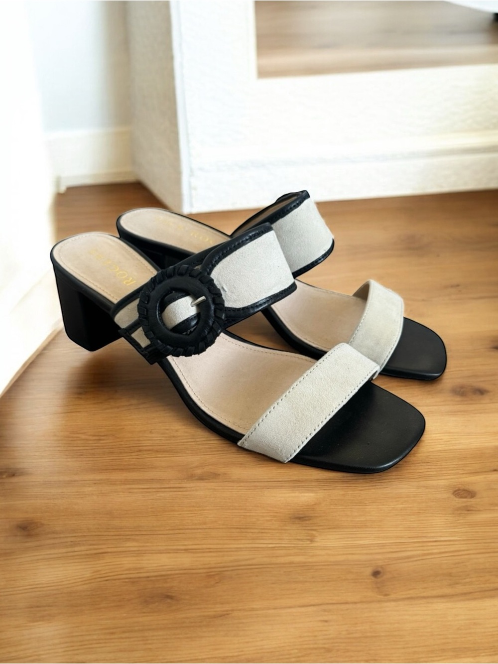 Jack Rogers Callie Buckle Heeled Sandals Black Cream Leather